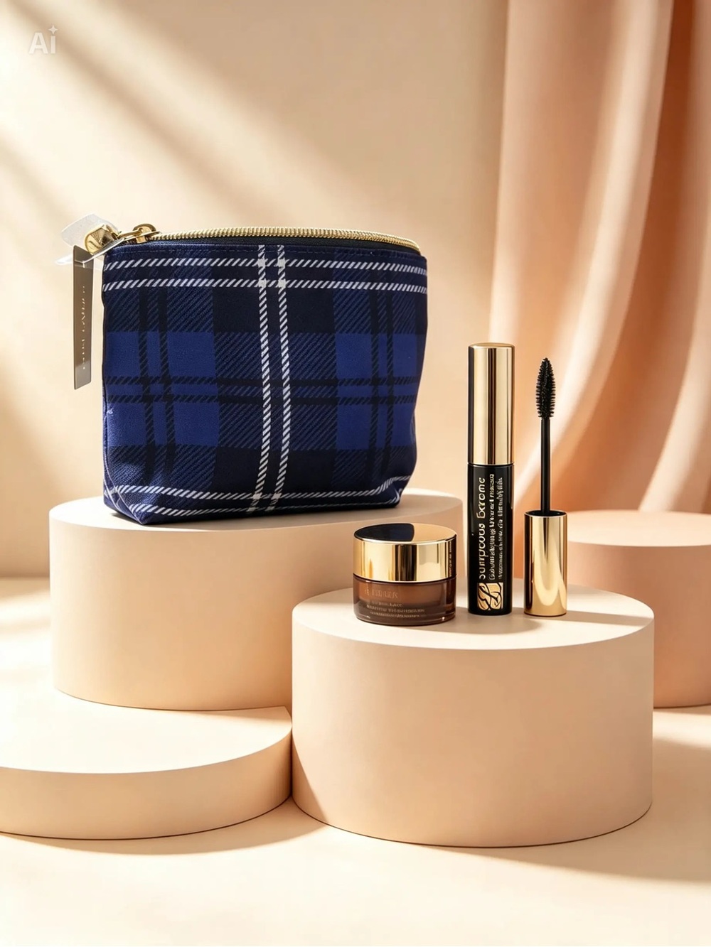 ESTEE LAUDER Plaid Tartan Cosmetics Bag + ANR Eye gel-Creme & mascara set. NWT